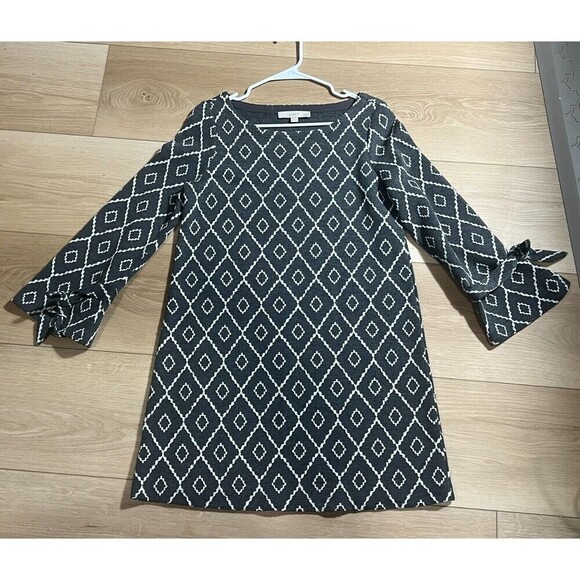 Loft Long Sleeve Mini Shift Dress Womens Size MP Black  Diamond Tie Cuff Chic - Picture 2 of 6